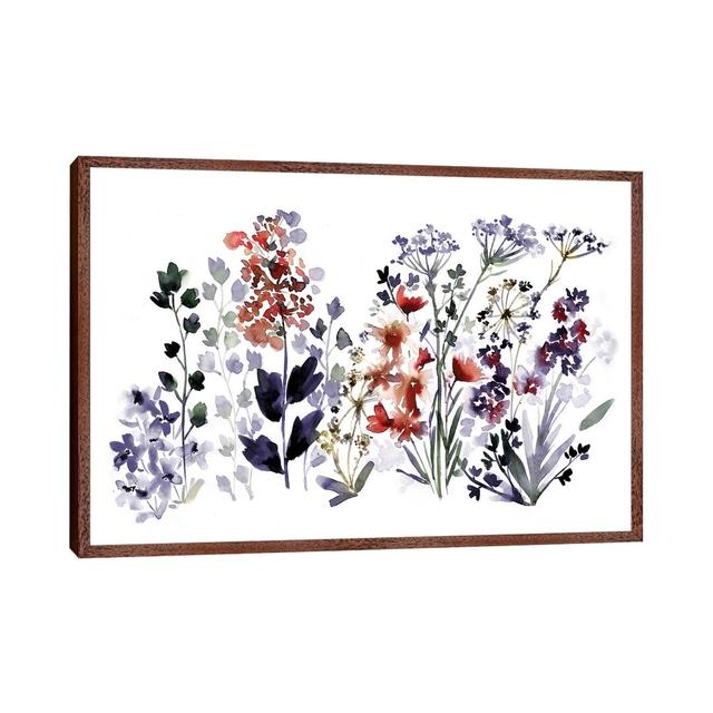 Indigo Wildflowers by Sara Berrenson - Print on Canvas Ebern Designs Format: Classic Brown Wood Framed, Size: 101.6cm H x 152.4cm W x 3.81cm D on Productcaster.