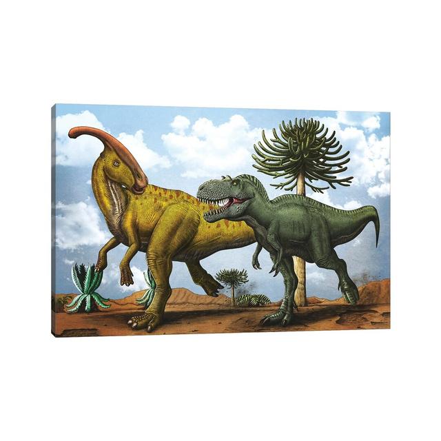 Gorgosaurus Dinosaur Chasing After a Parasaurolophus by Aram Papazyan - Wrapped Canvas Painting Happy Larry Size: 66.04cm H x 101.6cm W x 3.81cm D on Productcaster.