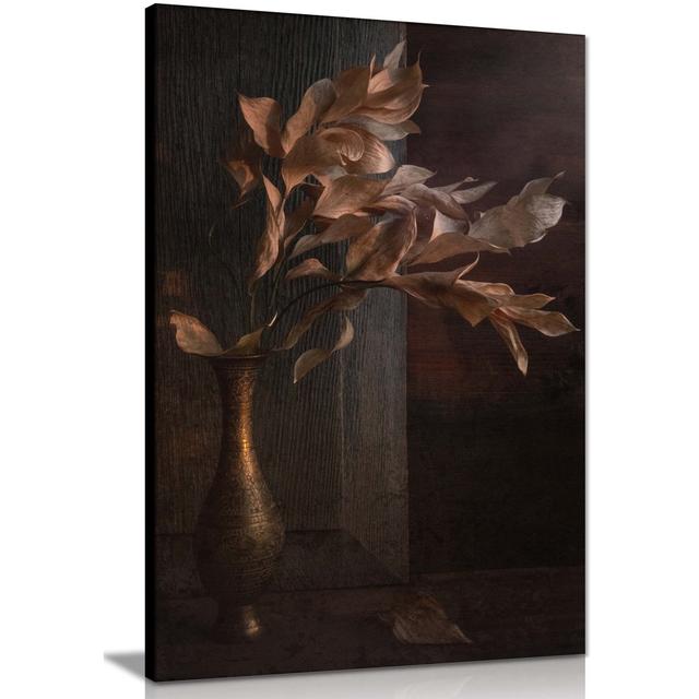 Dried Flower Bouquet in a Golden Vase - Wrapped Canvas Painting Panther Print Size: 31cm H x 20cm W on Productcaster.