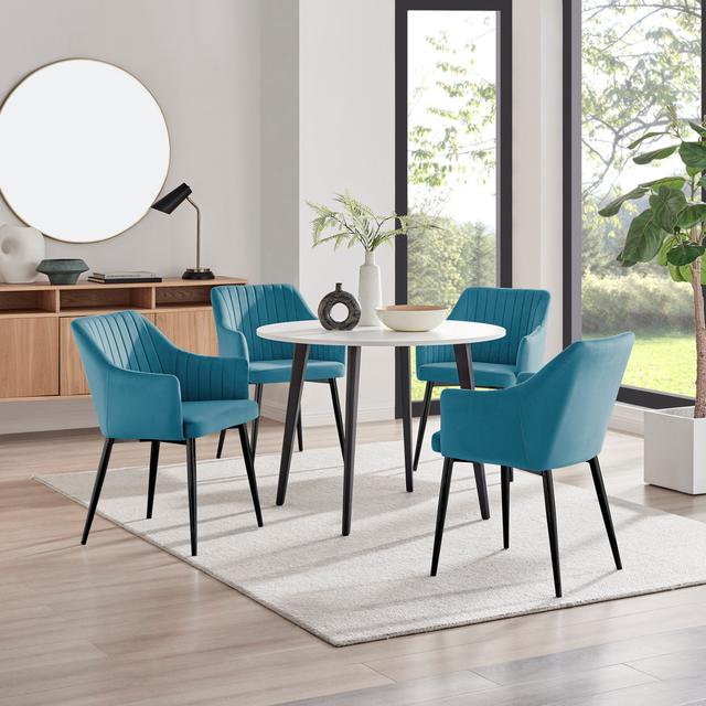 Bulkley Round Dining Table & 4 Luxury Velvet Dining Chairs - Melamine Scratch Resist Top Furniture Box Chair Colour: Blue, Table Colour: White/Black on Productcaster.