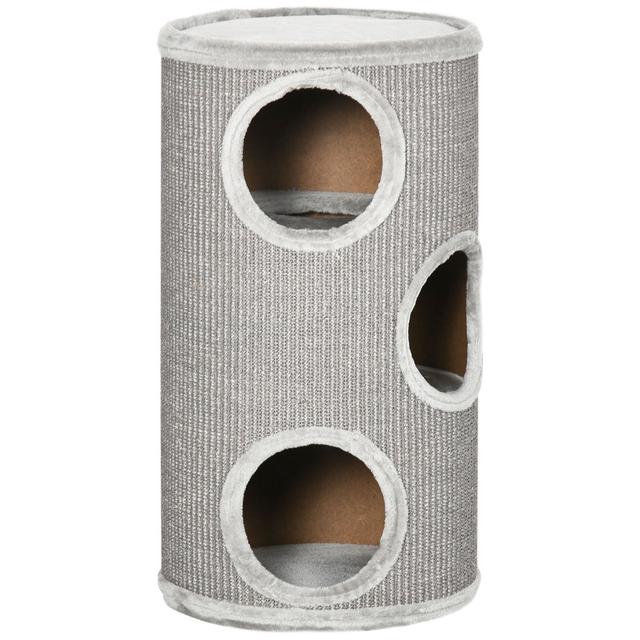 Kratztonne, Spieltonne für Katzen, Katzenbaum mit 3 Höhlen, Kratzturm, Hellgrau PawHut on Productcaster.