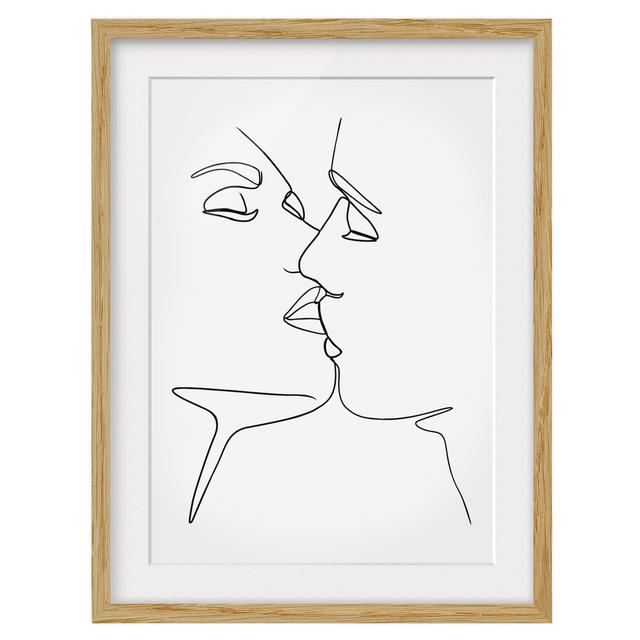 Picture With Frame - Line Art Kiss Faces Black White - Portrait 4:3 - B Ivy Bronx Size: 55cm H x 40cm W x 2cm D, Frame Option: Brown on Productcaster.