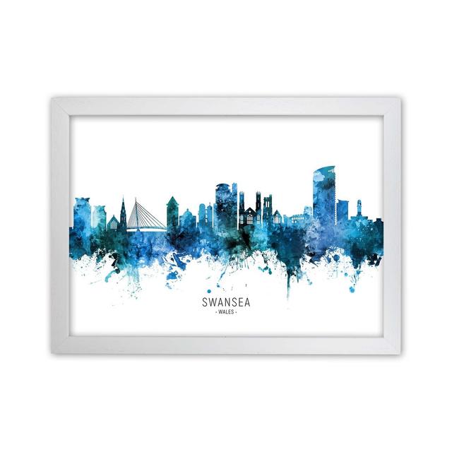 Swansea Wales Skyline Blue City Name by Michael Tompsett - Graphic Art Ebern Designs Format: White Framed, Size: 46cm H x 63cm W x 3cm D on Productcaster.