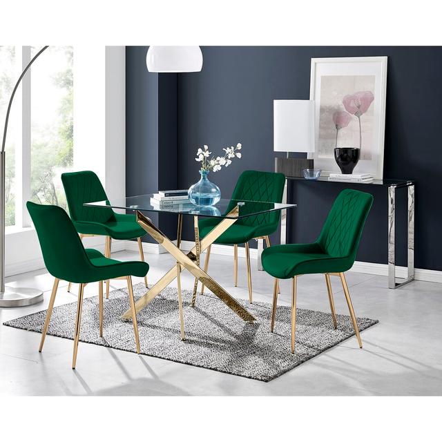 Lenworth Glass Rectangular Dining Table Set with 4 Luxury Velvet Chairs Canora Grey Table Base Colour: Gold, Colour (Chair): Green/Gold on Productcaster.