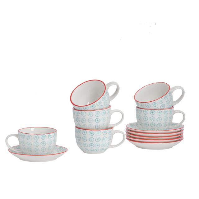 Nicola Spring - Hand-Printed Cappuccino Cup & Saucer Set - 14cm Nicola Spring Colour: Turquoise/Red, Set Size: 6 on Productcaster.