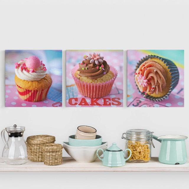 Colourful Cupcakes 3 Piece - Wrapped Canvas Graphic Art Print East Urban Home Size: 80cm L x 240cm L on Productcaster.