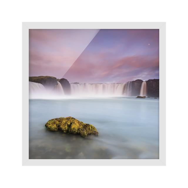 Picture With Frame - Goðafoss And The Moon - Square 1:1 Highland Dunes Size: 30cm H x 30cm W x 2cm D, Frame Option: White Framed on Productcaster.