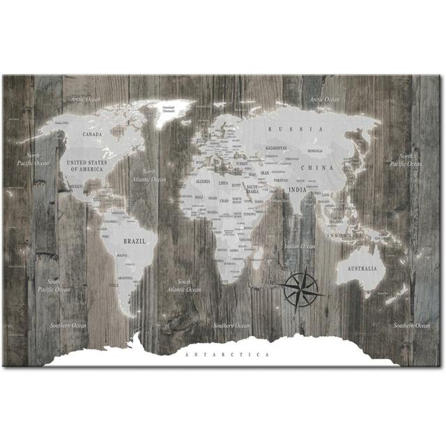 World Map: Wooden World - Wrapped Canvas Graphic Art Print East Urban Home Size: 60 cm H x 90 cm W on Productcaster.