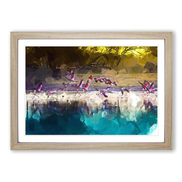 Flamingos Taking Flight in Abstract - Picture Frame Graphic Art Print East Urban Home Frame Option: Oak Framed, Size: 27cm H x 36cm W x 2cm D on Productcaster.