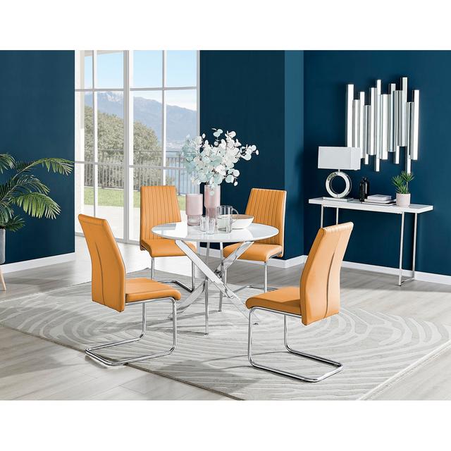 Tierra Modern Chrome Metal & Glass Round Dining Table Set with 4 Upholstered Faux Leather Chairs Canora Grey Colour (Chair): Mustard/Silver, Size: 75c on Productcaster.