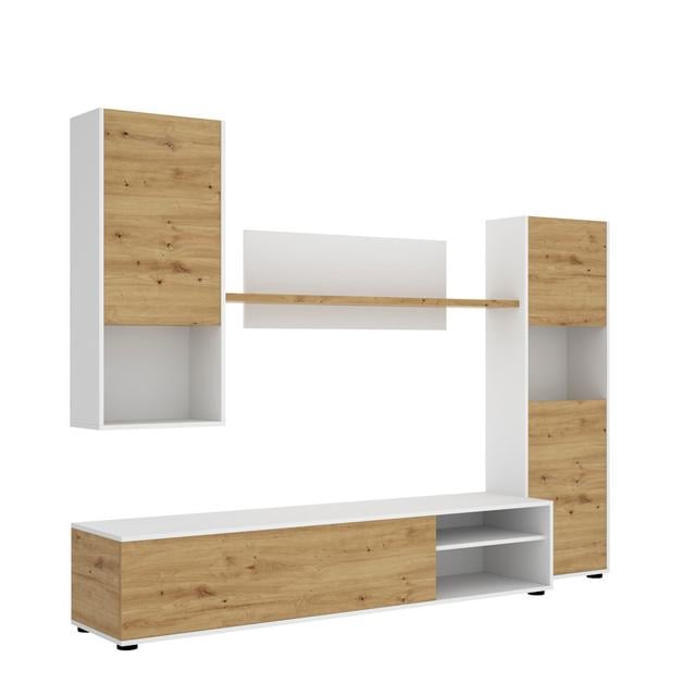 Wall unit Dzuell, TV stand living room set, 220x41h180 cm, Node Oak and White Brayden Studio on Productcaster.