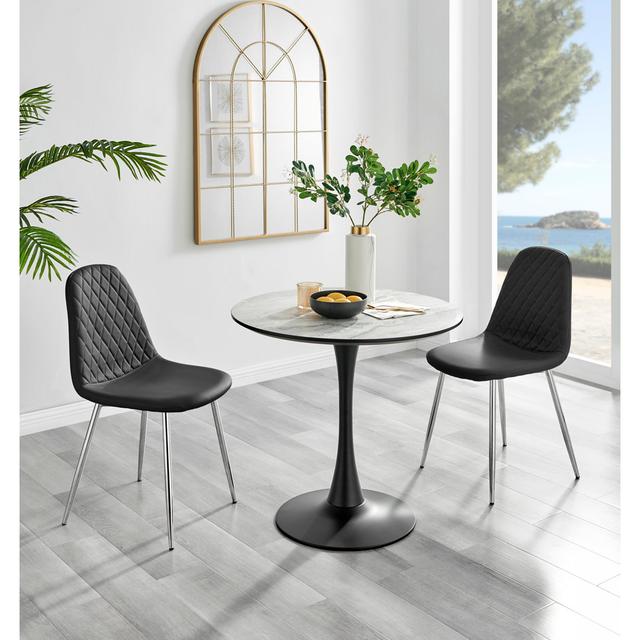 Corova White Marble Effect Melamine Round 80cm Dining Table And Chairs - 2 Faux Leather Dining Chairs Canora Grey Colour (Chair): Black/Silver, Colour on Productcaster.