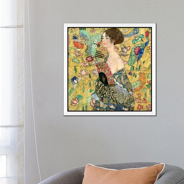 Lady With A Fan by Gustav Klimt - Floater Frame Painting on Canvas Rosalind Wheeler Size: 46cm H x 46cm W x 4cm D, Frame Option: White Framed on Productcaster.