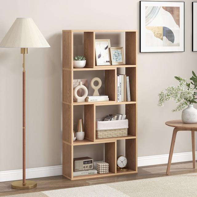 5-Tier Geometric Bookshelf With 8 Cubes Floor Standing Open Display 17 Stories Colour: Natural on Productcaster.