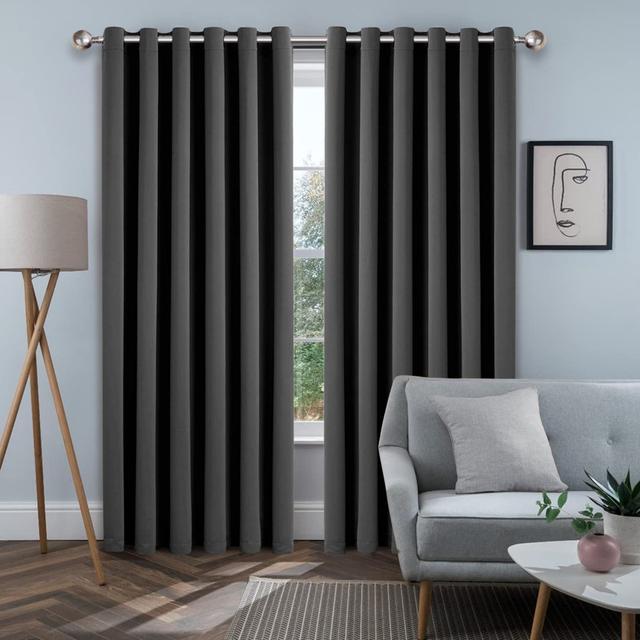 Blackout Eyelet Synthetic Room Darkening 100 % Polyester Thermal Curtain (Set of 2) Ebern Designs Panel Size: 117 W x 137 D cm, Colour: Dark Grey on Productcaster.