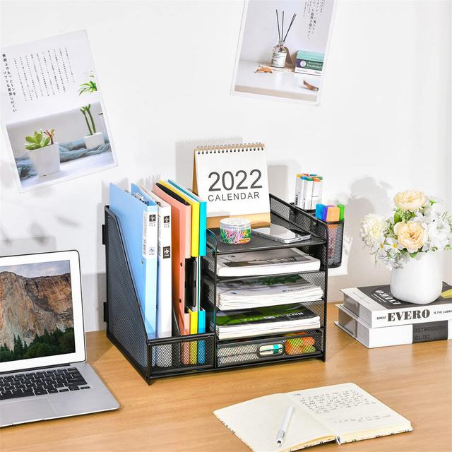 Inbox Zero Metal Desktop Organizer - 5 Sliding Trays, 2 Magazine Holders, 2 Pencil Holders, 1 Drawer on Productcaster.