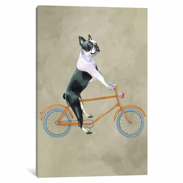 Boston Terrier On Bicycle by Coco De Paris - Print on Canvas East Urban Home Size: 66.04cm H x 45.72cm W x 3.81cm D, Frame Option: No Frame on Productcaster.