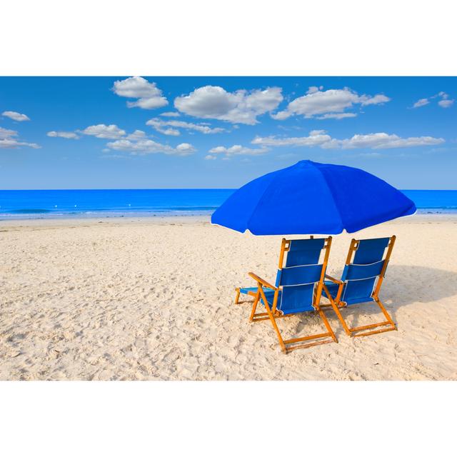 Beach Chairs And Umbrella by Szaffy - No Frame Art Prints on Canvas Beachcrest Home Size: 81cm H x 122cm W on Productcaster.