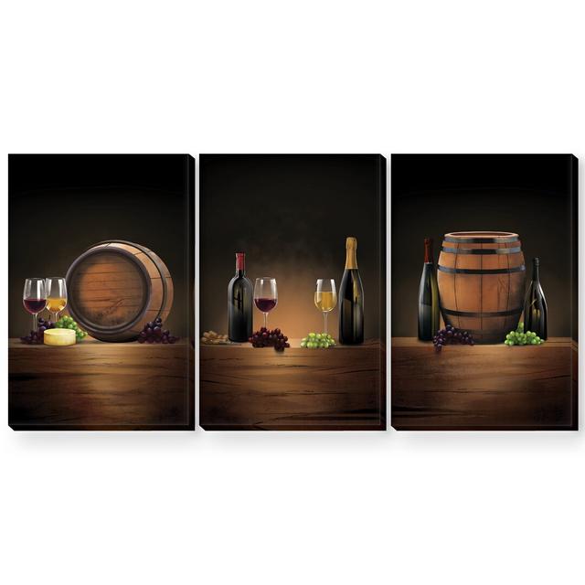 Vintage Wine - 3 Piece Graphic Art Set on Canvas Clock Canvas Format: Wrapped Canvas, Size: 100cm H x 225cm W x 3.8cm D on Productcaster.