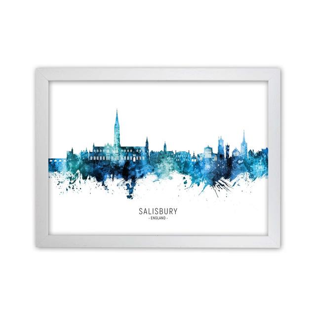 Salisbury England Skyline Blue City Name by Michael Tompsett - Graphic Art Ebern Designs Format: White Framed, Size: 34cm H x 46cm W x 3cm D on Productcaster.