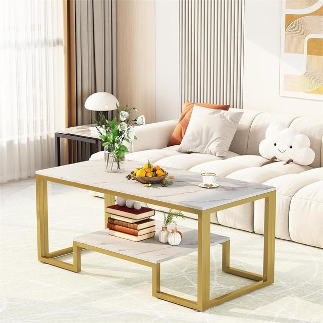 2 Tier Coffee Table, Center Table, Tea Table, Living Room Table With Metal Frame Metro Lane Table Top Colour: White, Table Base Colour: Gold on Productcaster.