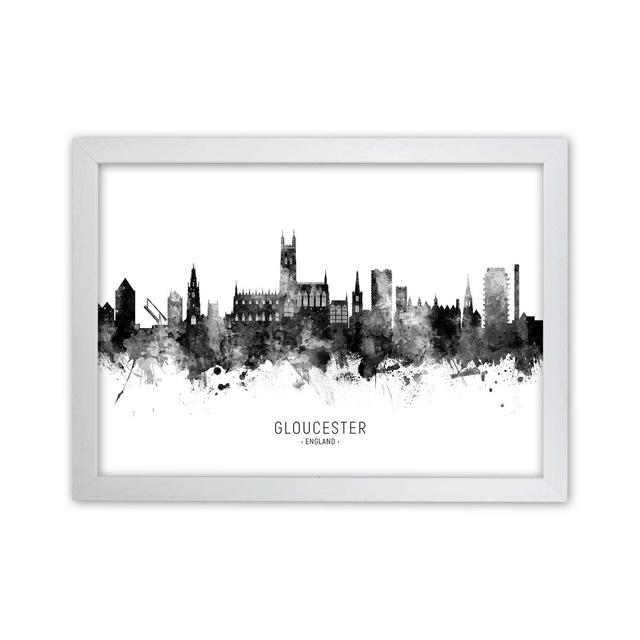 Gloucester England Skyline Black White City Name by Michael Tompsett - Graphic Art Latitude Run Size: 46cm H x 63cm W x 3cm D, Format: White Framed on Productcaster.