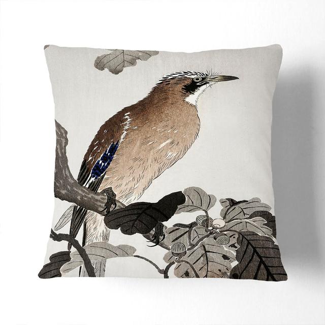 Jay on a Tree Branch by Ohara Koson Cushion with Filling East Urban Home Size: 40cm H x 40cm W x 15cm D, Backing Colour: Stone on Productcaster.