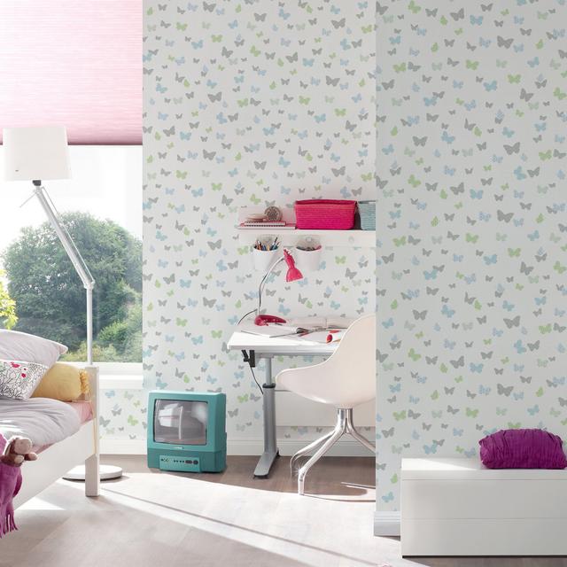 Pomodoro Butterfly Motif Design 10m x 53cm Wallpaper Roll Brambly Cottage Colour: Blue/Green/Grey on Productcaster.