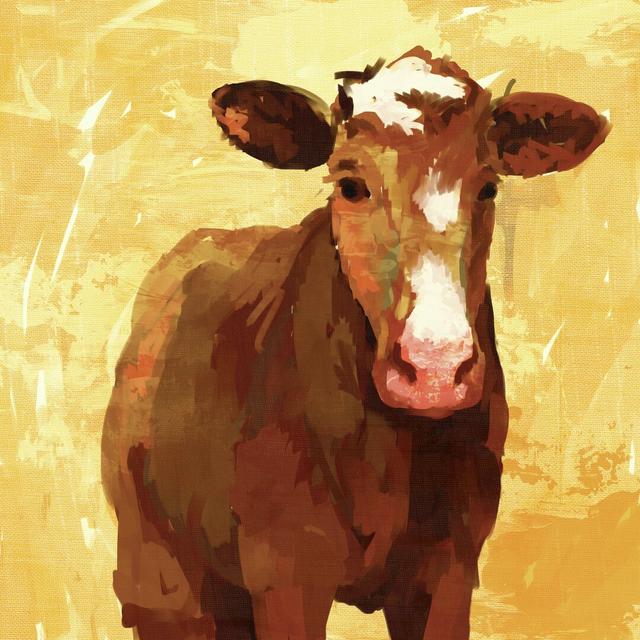 Friendly Cow Yellow - Wrapped Canvas Painting Print August Grove Size: 30cm H x 30cm W x 3.8cm D on Productcaster.