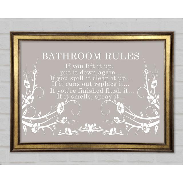 Bathroom Quote Bathroom Rules 2 Framed Print Happy Larry Colour: Beige, Size: 59.7cm H x 84.1cm W x 1.5cm D on Productcaster.