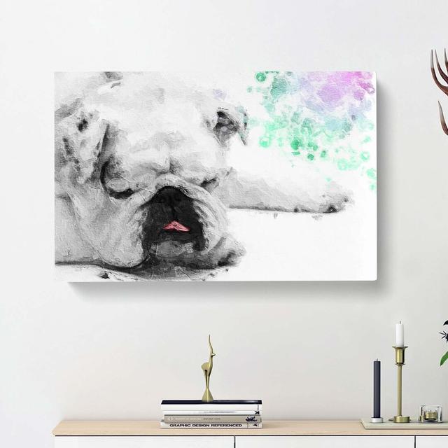 Sleeping White British Bulldog In Abstract - Wrapped Canvas Painting East Urban Home Size: 35cm H x 50cm W x 3cm D on Productcaster.