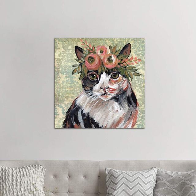 Cat With Floral Crown by Michele Norman - Wrapped Canvas Painting 17 Stories Size: 93.98cm H x 93.98cm W x 1.91cm D on Productcaster.