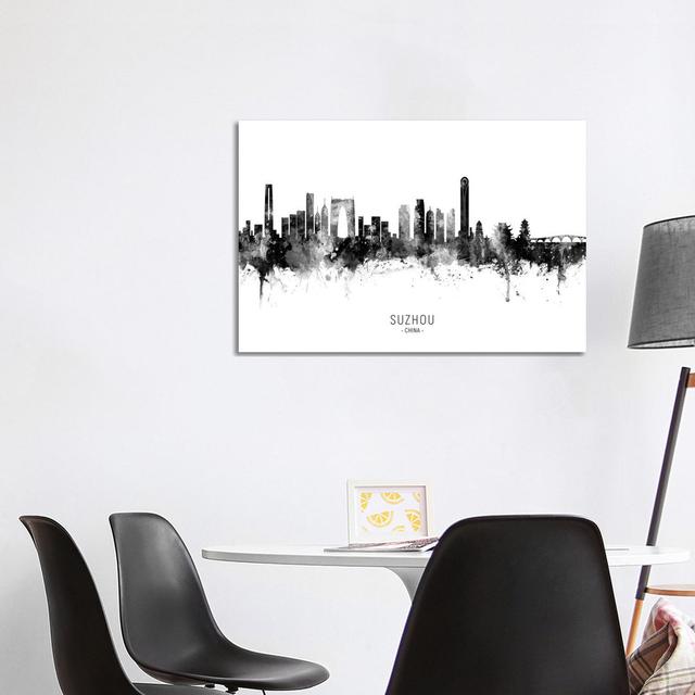 Suzhou China Skyline Name Bw by Michael Tompsett - Wrapped Canvas Print Latitude Run Size: 66.04cm H x 101.6cm W x 1.91cm D on Productcaster.