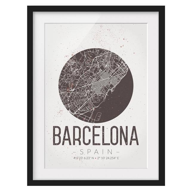 Retro Barcelona Street Map - Picture Frame Graphic Art Print on Paper East Urban Home Frame Options: Matt black, Size: 100 cm H x 70 cm W on Productcaster.