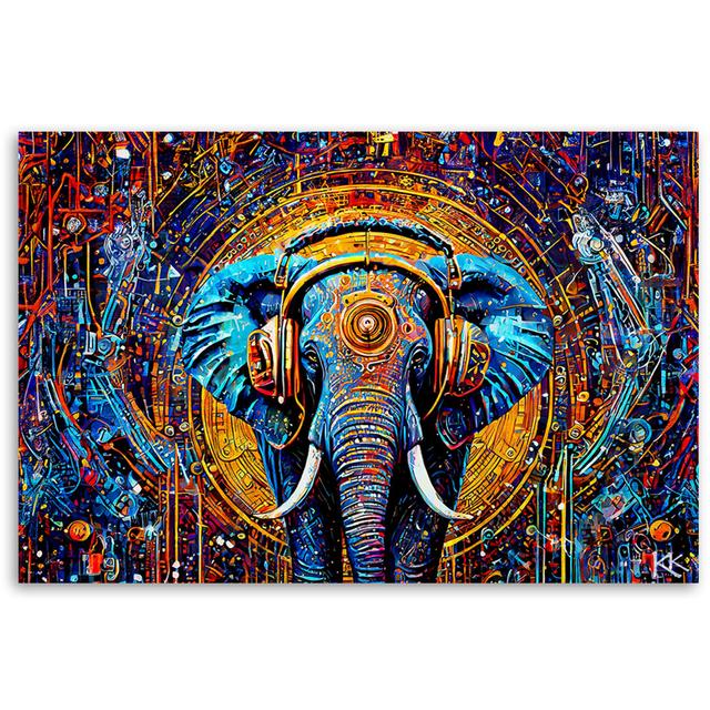 Canvas Print, Elephant In Headphones Abstraction - Wrapped Canvas Print World Menagerie Size: 40cm H x 60cm W on Productcaster.