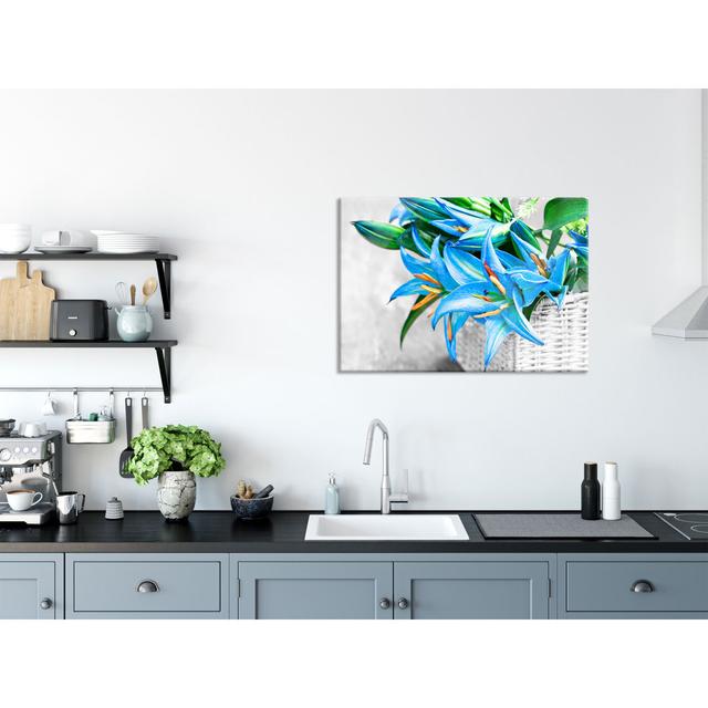 Beautiful, Blue Flowers in a Basket - Unframed Photograph on Glass Brayden Studio Size: 70cm H x 100cm W x 0.4cm D, Colour: Black/White on Productcaster.