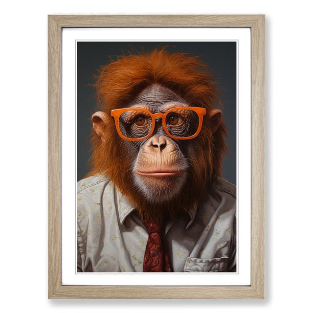 Orangutan with Glasses Painting Happy Larry Frame Colour: Oak, Size: 64cm H x 46cm W x 2cm D on Productcaster.