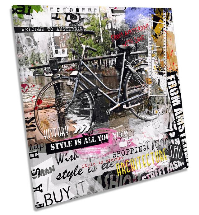 Amsterdam Bicycle Grunge Picture CANVAS WALL ART Square Print Multi-Coloured Maturi Size: 60cm H x 60cm W x 2cm D on Productcaster.