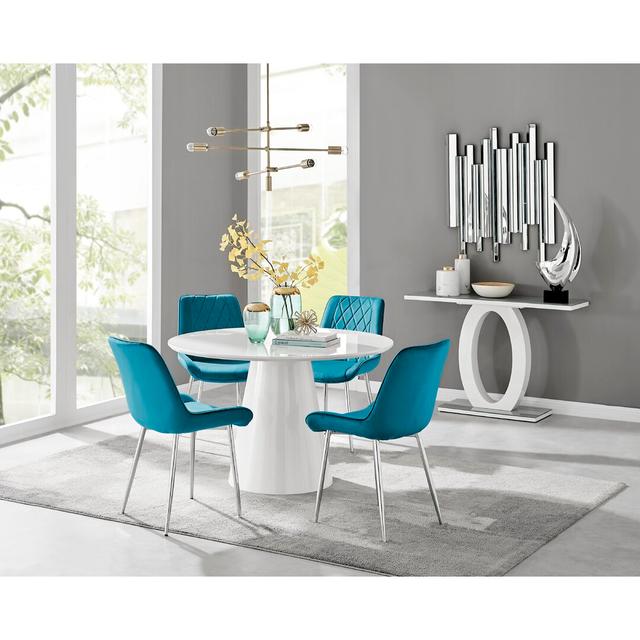 Edzard Statement Pedestal Round Dining Table Set & 4 Luxury Velvet Dining Chairs Canora Grey Colour (Table): White, Colour (Chair): Blue/Silver on Productcaster.