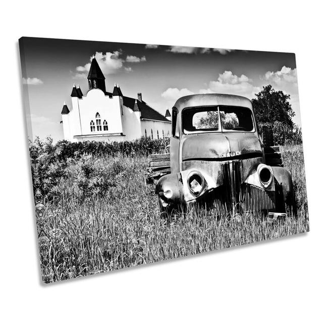 Rusty Old Abandoned Farm Truck B&W CANVAS WALL ART Picture Print Ebern Designs Size: 40.6cm H x 61cm W x 2cm D on Productcaster.