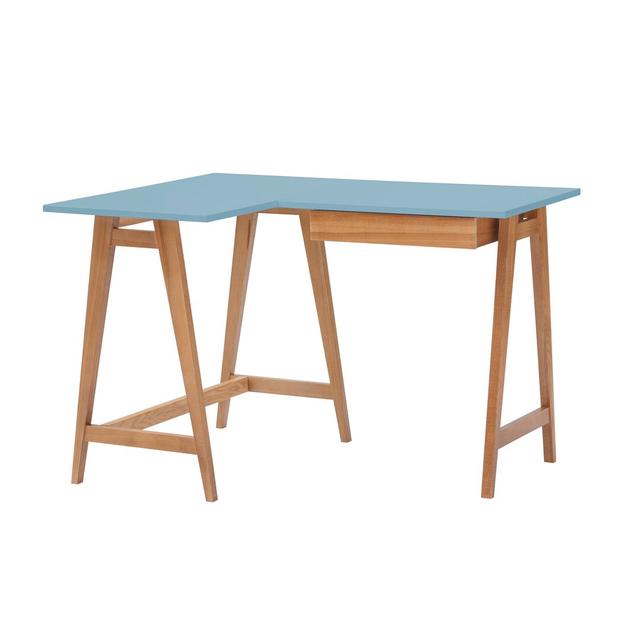 Malachy L-Shape Desk Hykkon Orientation: Left Hand Facing, Top Colour: Gentle Blue, Frame Colour: Oak on Productcaster.