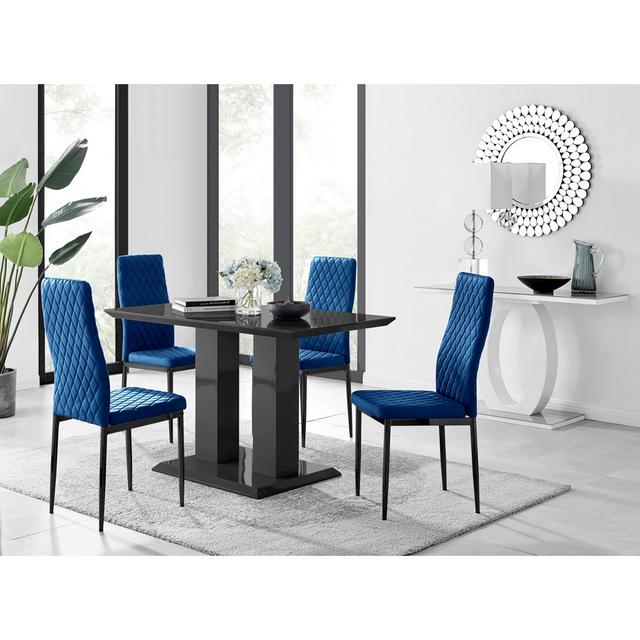 Edzard Double Pedestal High Gloss Dining Table Set with x4 Luxury Velvet Upholstered Dining Chairs Furniture Box Chair Colour: Navy/Black, Table Top C on Productcaster.