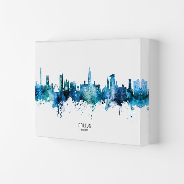 Bolton England Skyline Blue City Name by Michael Tompsett - Graphic Art Ebern Designs Size: 21cm H x 29.7cm W x 4cm D, Format: Wrapped Canvas on Productcaster.