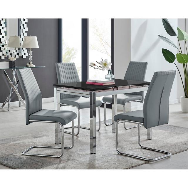 Tierra Modern Glass & Metal Extendable Dining Table Set & 4 Luxury Faux Leather Dining Chairs Canora Grey Chair Colour: Grey on Productcaster.