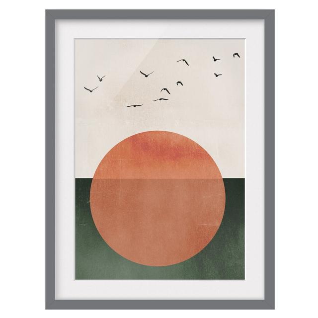 Flock of Birds Before Rising Sun - Picture Frame Graphic Art Marlow Home Co. Frame Option: Grey Framed, Size: 55cm H x 40cm W x 2cm D on Productcaster.