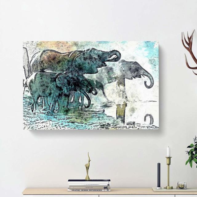 Elephants at the Waterhole in Abstract - Wrapped Canvas Painting Print East Urban Home Size: 40cm H x 60cm W x 3cm D on Productcaster.