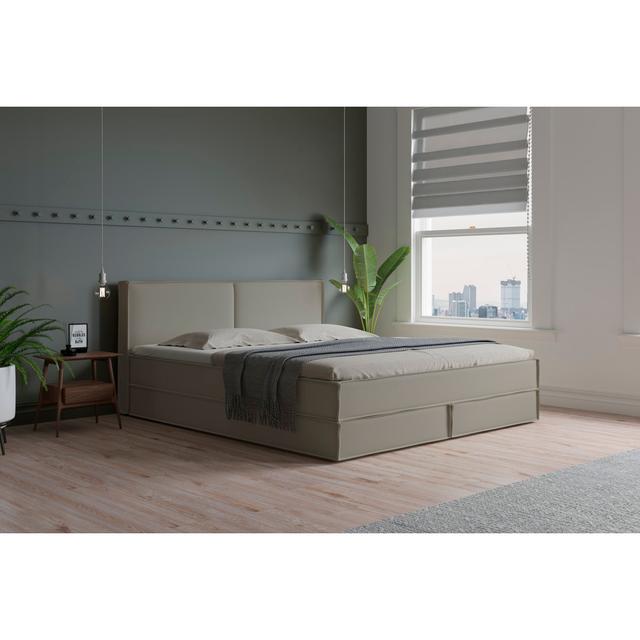 Echtes Boxspringbett Ladona mit Kaltschaum Topper, mit Kunstleder bezogen ModernMoments Größe: 140 x 200 cm, Farbe: Taupe, Matratzenhärte: H3 - ca. 75 on Productcaster.