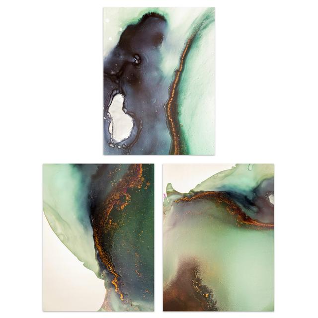 Calming Abstract Green Copper Gold 3-Piece Set Unframed Wall Art Prints Bedroom Bathroom Aesthetic Stone Agate Marble Metro Lane Size: 40.5cm H x 30.5 on Productcaster.