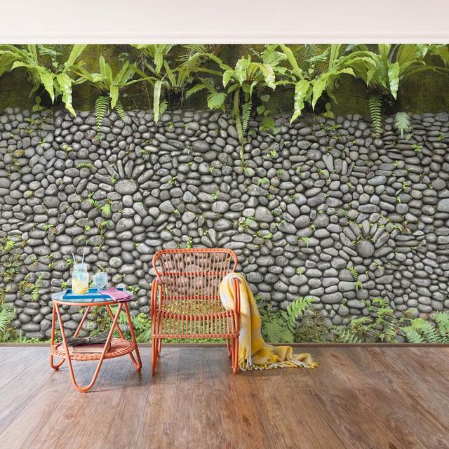 Stone Wall with Plants Semi-Gloss Wallpaper Roll East Urban Home Size: 3.84m x 255cm, Material quality: Premium (150g/m²) on Productcaster.