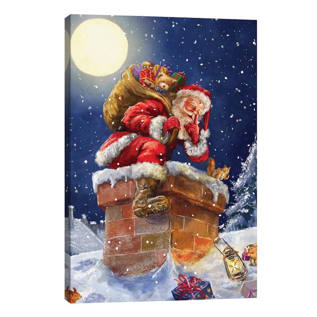 Santa At Chimney With Moon by Marcello Corti - Wrapped Canvas Painting The Seasonal Aisle Size: 66.04cm H x 45.72cm W x 1.91cm D on Productcaster.